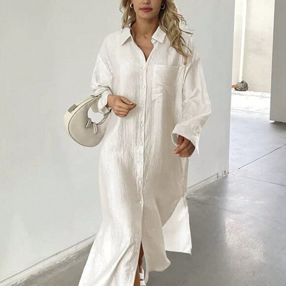 White Casual Womens Oversized Loose Maxi Shirt Dress - Picture 1 of 5